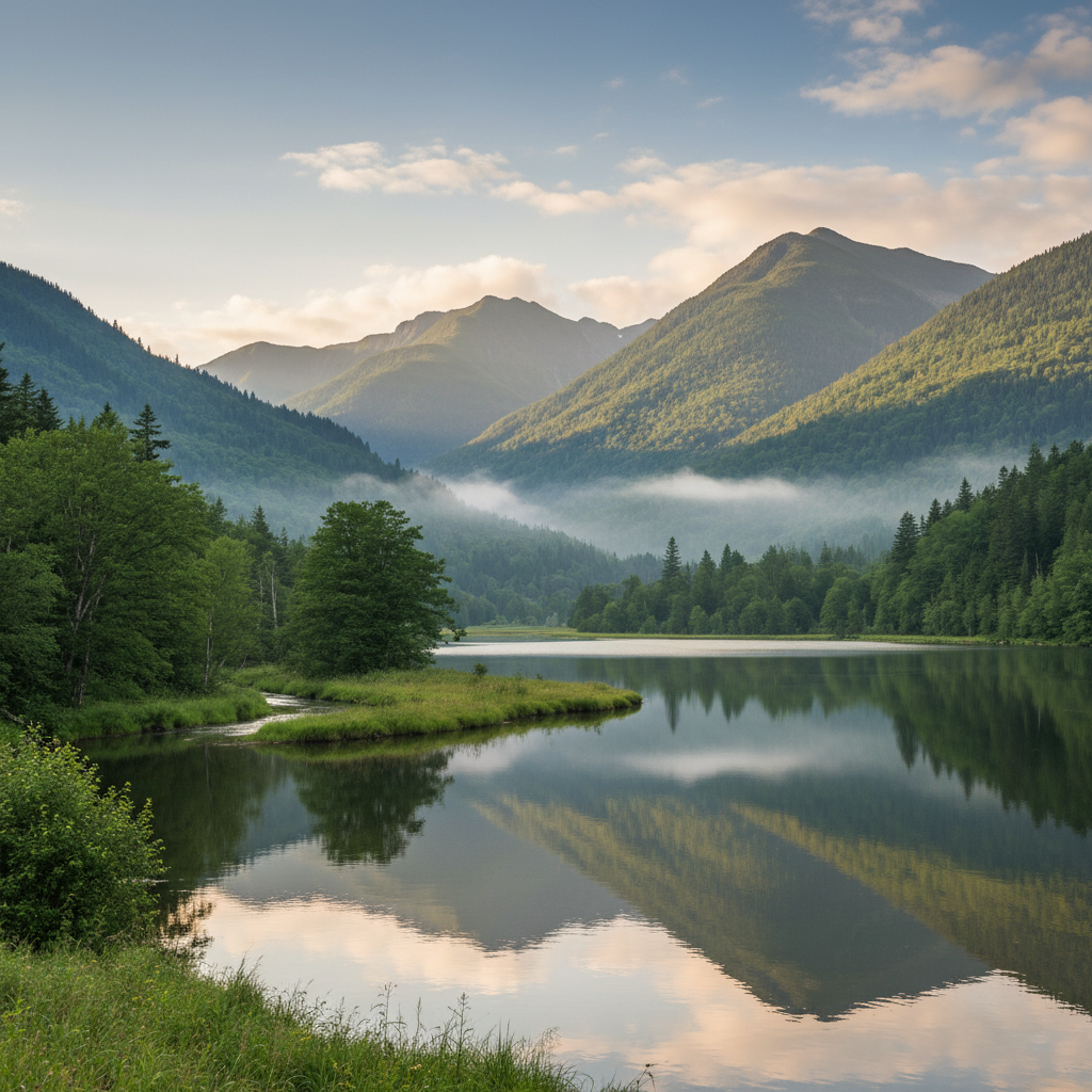 Pemandangan alam yang tenang dengan pegunungan hijau