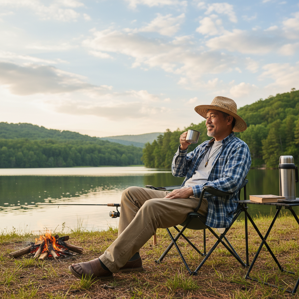 Pria paruh baya menikmati aktivitas santai di alam terbuka