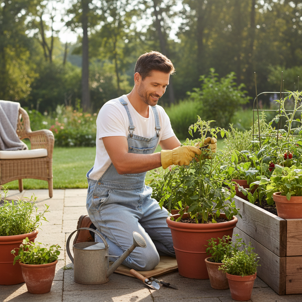 Pria dewasa menikmati kegiatan berkebun dan merawat tanaman di pagi hari