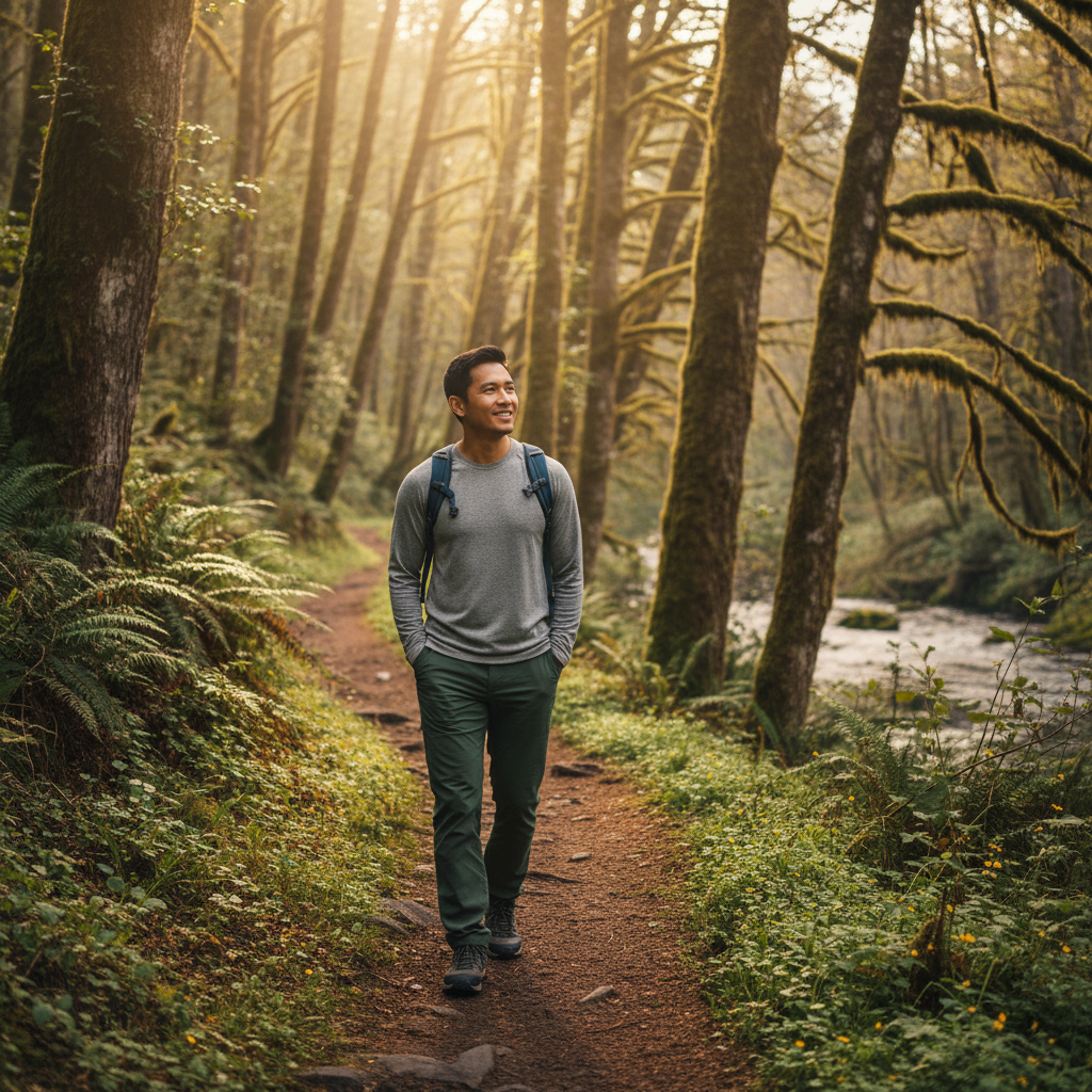 Pria menikmati aktivitas santai di luar ruangan seperti berjalan di alam
